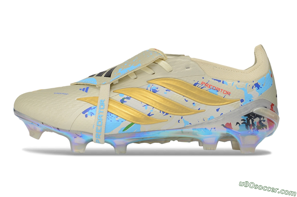 Adidas Predator 26 Elite Fold-Over Tongue FG Firm Ground Soccer Cleats - Beige/Metallic Gold/Iridescent Blue 2