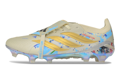 Adidas Predator 26 Elite Fold-Over Tongue FG Firm Ground Soccer Cleats - Beige/Metallic Gold/Iridescent Blue