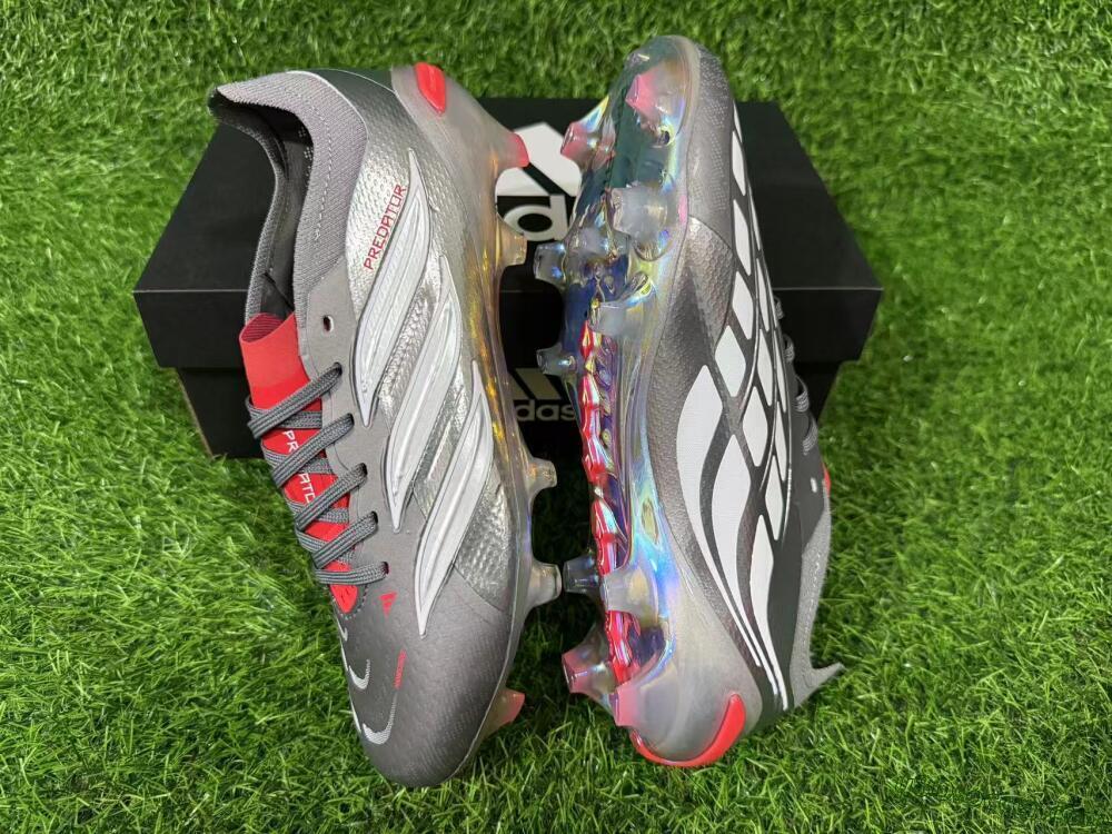 Adidas Predator 26 Elite FG Firm Ground Soccer Cleats - Grey/Metallic Silver/Solar Red