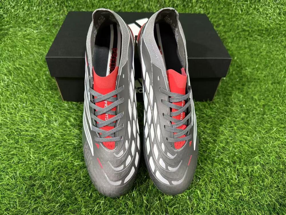 Adidas Predator 26 Elite FG Firm Ground Soccer Cleats - Grey/Metallic Silver/Solar Red