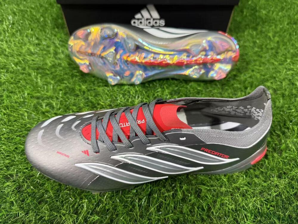 Adidas Predator 26 Elite FG Firm Ground Soccer Cleats - Grey/Metallic Silver/Solar Red