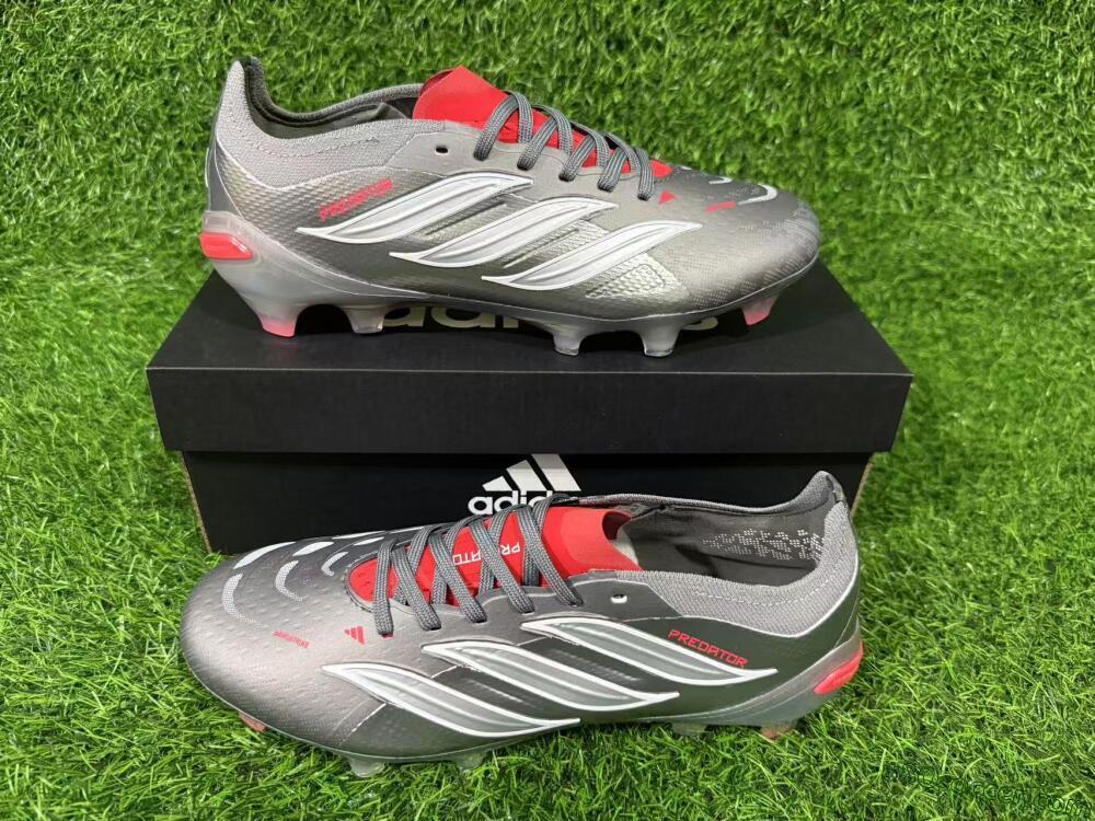 Adidas Predator 26 Elite FG Firm Ground Soccer Cleats - Grey/Metallic Silver/Solar Red