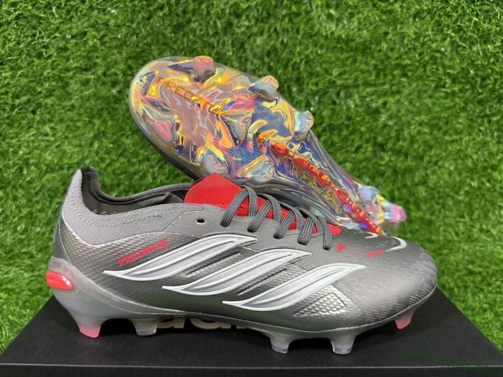 Adidas Predator 26 Elite FG Firm Ground Soccer Cleats - Grey/Metallic Silver/Solar Red