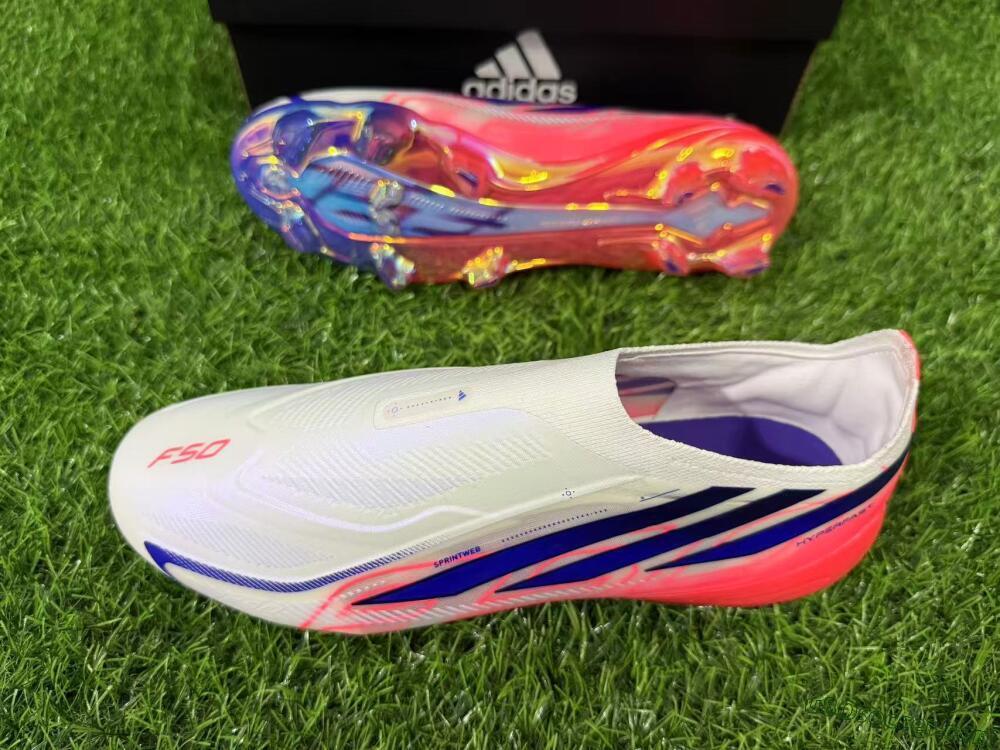 Adidas F50 Hyperfast Elite Laceless FG Firm Ground Soccer Cleats - White/Solar Red/Lucid Blue