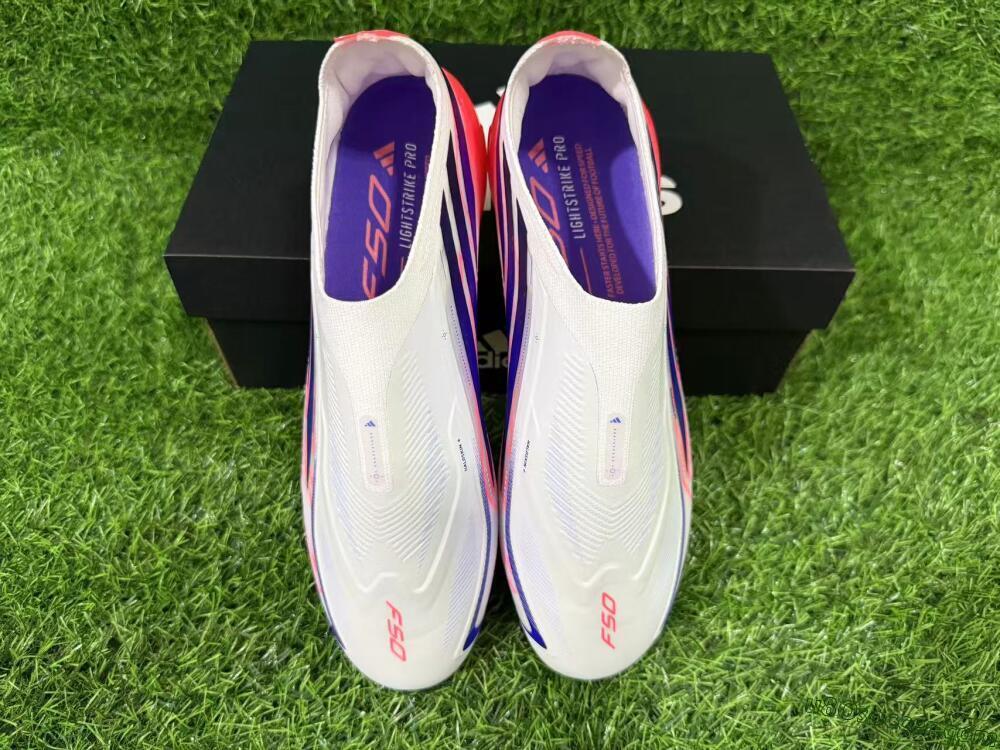 Adidas F50 Hyperfast Elite Laceless FG Firm Ground Soccer Cleats - White/Solar Red/Lucid Blue