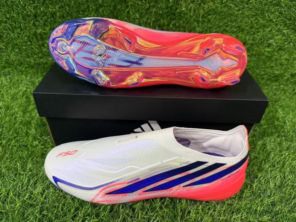 Adidas F50 Hyperfast Elite Laceless FG Firm Ground Soccer Cleats - White/Solar Red/Lucid Blue