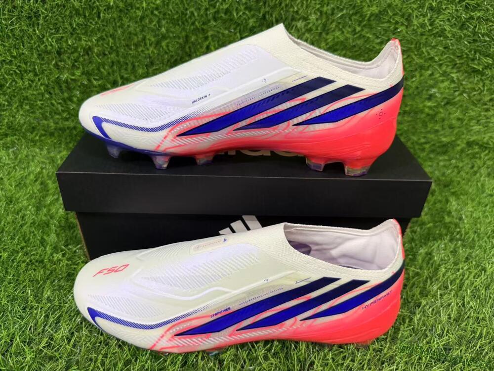 Adidas F50 Hyperfast Elite Laceless FG Firm Ground Soccer Cleats - White/Solar Red/Lucid Blue
