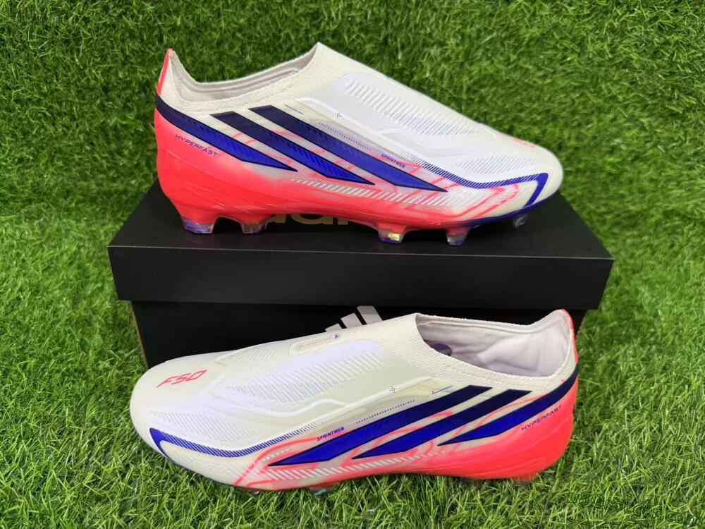 Adidas F50 Hyperfast Elite Laceless FG Firm Ground Soccer Cleats - White/Solar Red/Lucid Blue