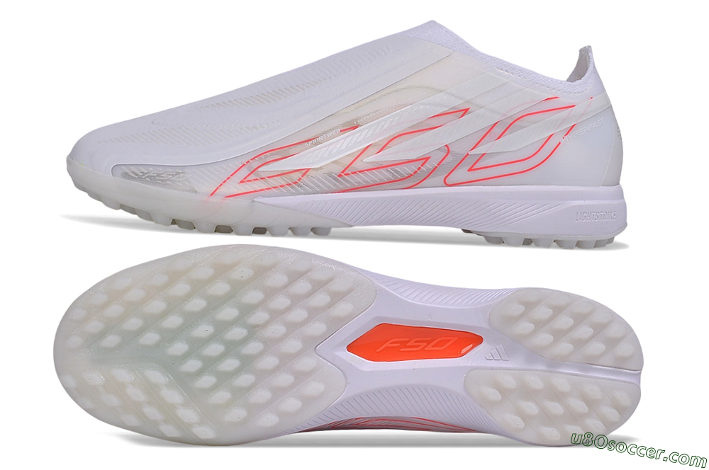 Adidas F50 Hyperfast Elite Laceless TF Artificial Turf Soccer Shoes - White/Cloud White/Solar Red 0