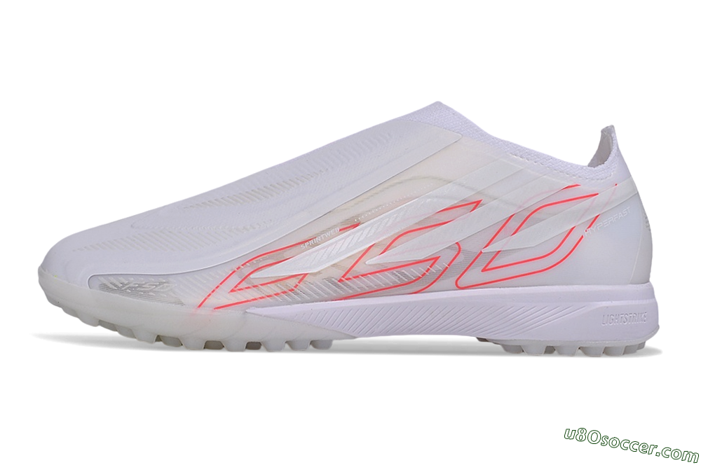 Adidas F50 Hyperfast Elite Laceless TF Artificial Turf Soccer Shoes - White/Cloud White/Solar Red 2