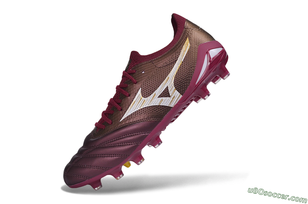 Mizuno Morelia Neo 4 FG Firm Ground Soccer Cleats - Burgundy/Oxblood Red/Metallic Gold 5
