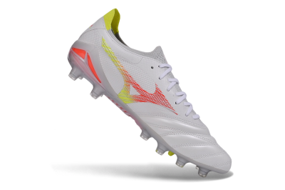 Mizuno Morelia Neo 4 FG Firm Ground Soccer Cleats - White/High Risk Red/Cyber Yellow
