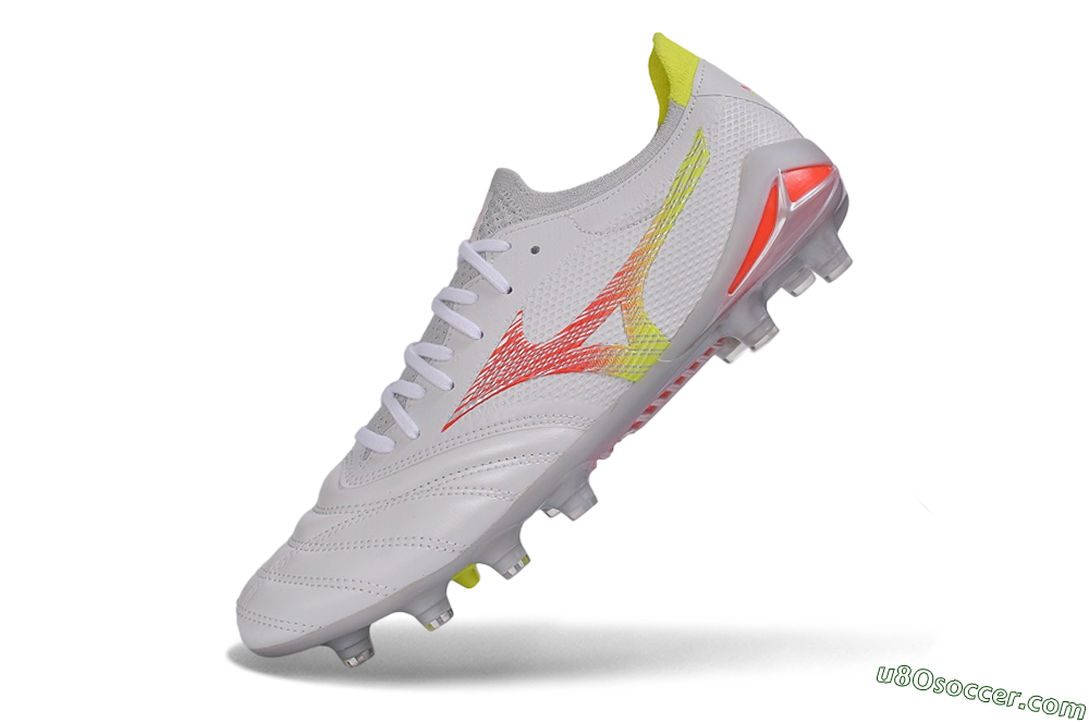 Mizuno Morelia Neo 4 FG Firm Ground Soccer Cleats - White/High Risk Red/Cyber Yellow 5