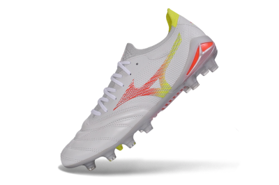 Mizuno Morelia Neo 4 FG Firm Ground Soccer Cleats - White/High Risk Red/Cyber Yellow