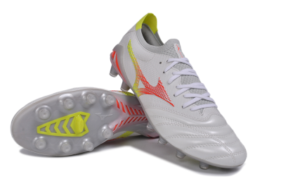 Mizuno Morelia Neo 4 FG Firm Ground Soccer Cleats - White/High Risk Red/Cyber Yellow