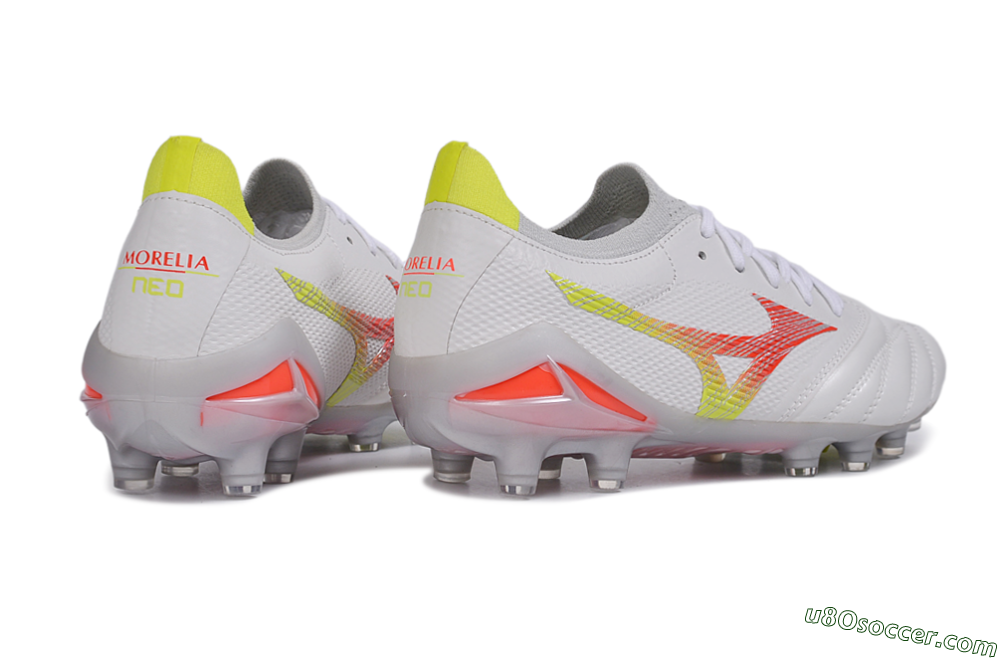Mizuno Morelia Neo 4 FG Firm Ground Soccer Cleats - White/High Risk Red/Cyber Yellow 6