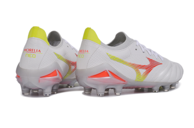 Mizuno Morelia Neo 4 FG Firm Ground Soccer Cleats - White/High Risk Red/Cyber Yellow