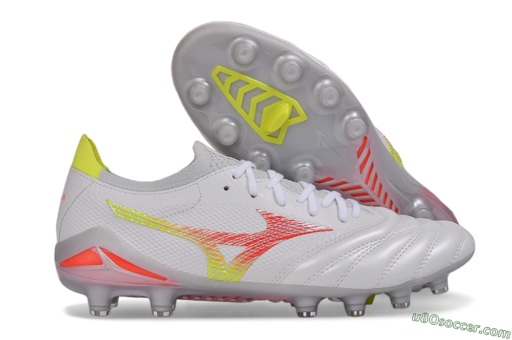 Mizuno Morelia Neo 4 FG Firm Ground Soccer Cleats - White/High Risk Red/Cyber Yellow 1