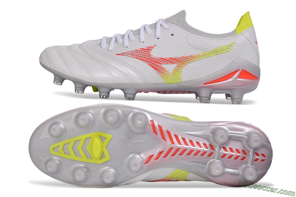 Mizuno Morelia Neo 4 FG Firm Ground Soccer Cleats - White/High Risk Red/Cyber Yellow 0