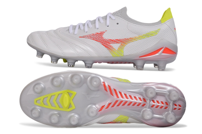Mizuno Morelia Neo 4 FG Firm Ground Soccer Cleats - White/High Risk Red/Cyber Yellow
