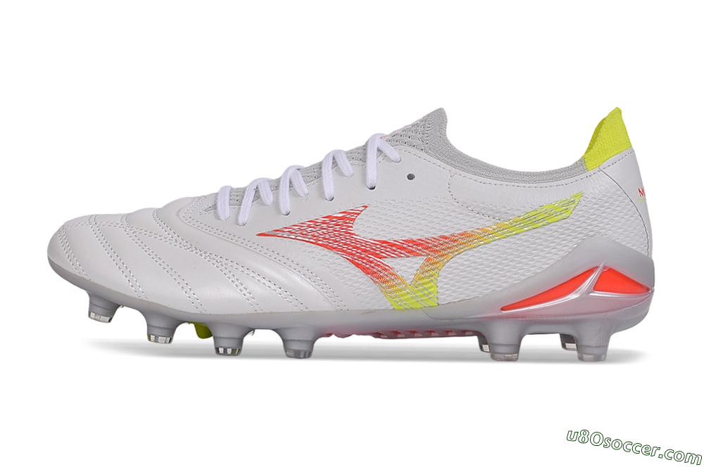 Mizuno Morelia Neo 4 FG Firm Ground Soccer Cleats - White/High Risk Red/Cyber Yellow 2