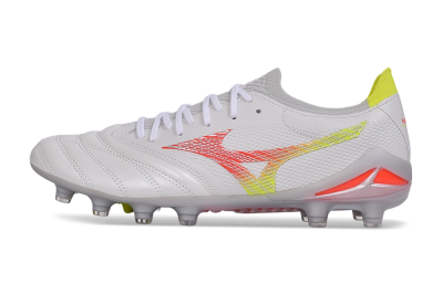 Mizuno Morelia Neo 4 FG Firm Ground Soccer Cleats - White/High Risk Red/Cyber Yellow