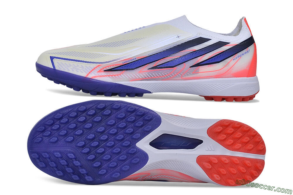 Adidas F50 Hyperfast Elite Laceless TF Artificial Turf Soccer Shoes - White/Vibrant Coral/Deep Blue 0