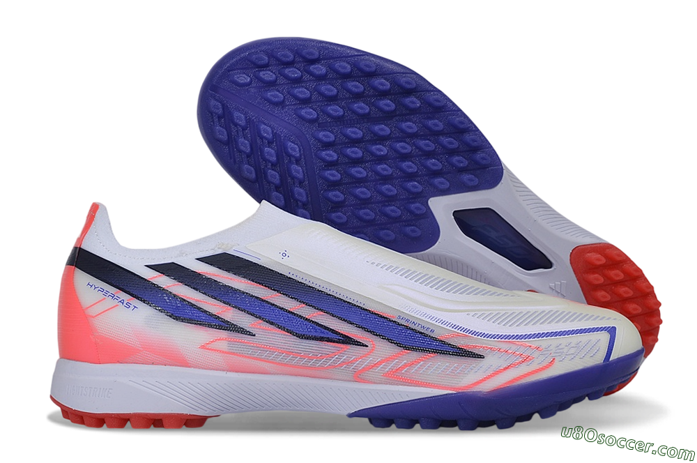 Adidas F50 Hyperfast Elite Laceless TF Artificial Turf Soccer Shoes - White/Vibrant Coral/Deep Blue 1