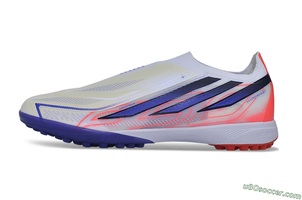 Adidas F50 Hyperfast Elite Laceless TF Artificial Turf Soccer Shoes - White/Vibrant Coral/Deep Blue 2