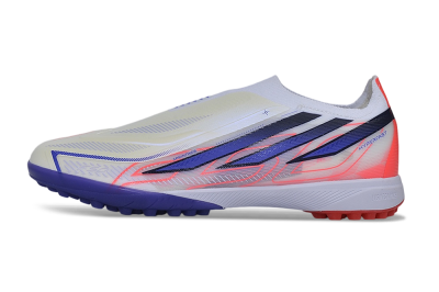 Adidas F50 Hyperfast Elite Laceless TF Artificial Turf Soccer Shoes - White/Vibrant Coral/Deep Blue