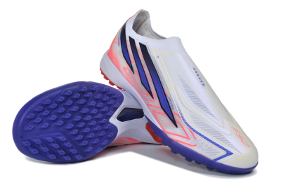 Adidas F50 Hyperfast Elite Laceless TF Artificial Turf Soccer Shoes - White/Vibrant Coral/Deep Blue