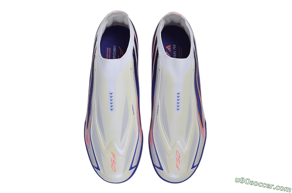 Adidas F50 Hyperfast Elite Laceless TF Artificial Turf Soccer Shoes - White/Vibrant Coral/Deep Blue 4