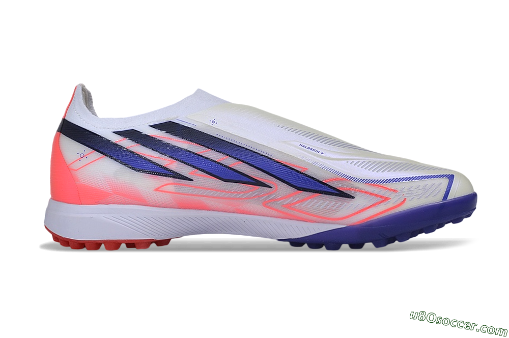 Adidas F50 Hyperfast Elite Laceless TF Artificial Turf Soccer Shoes - White/Vibrant Coral/Deep Blue 7