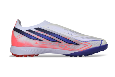 Adidas F50 Hyperfast Elite Laceless TF Artificial Turf Soccer Shoes - White/Vibrant Coral/Deep Blue