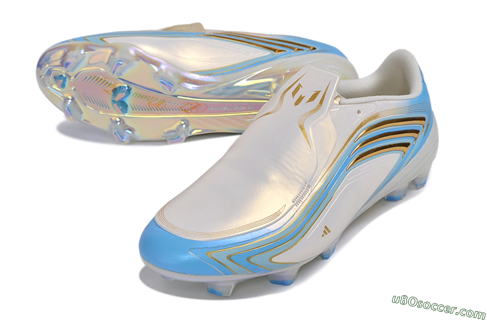 Messi x Adidas F50 Elite FG Firm Ground Soccer Cleats - White/Metallic Gold/Light Blue 3