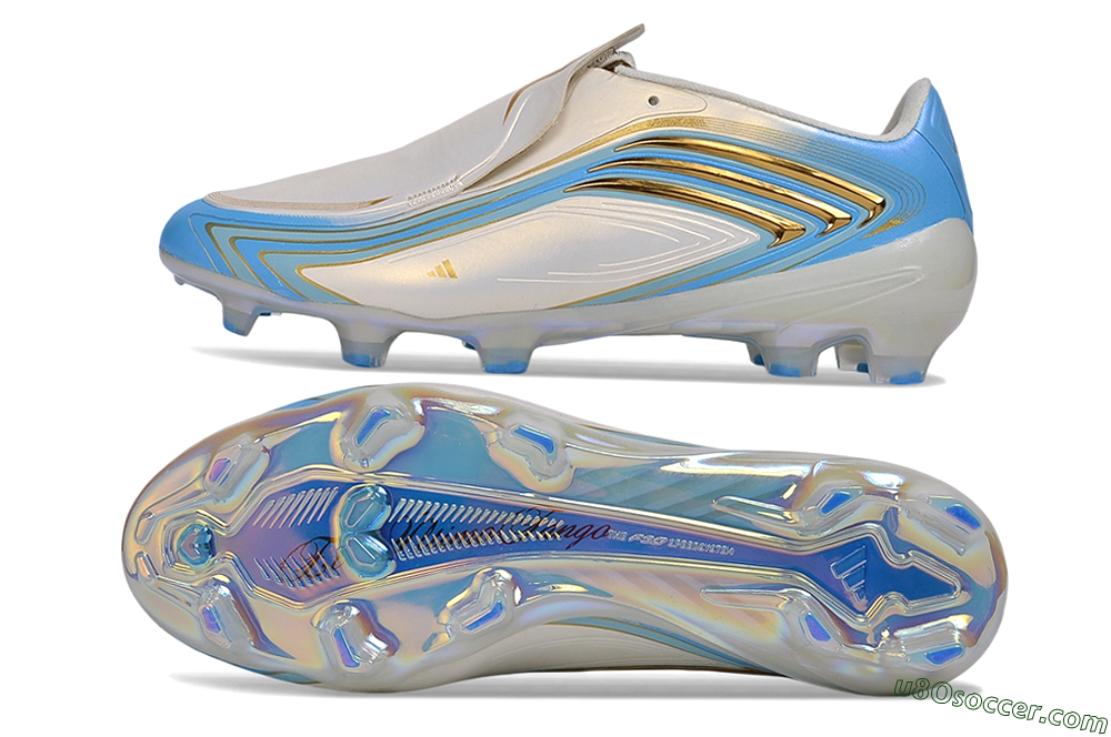 Messi x Adidas F50 Elite FG Firm Ground Soccer Cleats - White/Metallic Gold/Light Blue 0