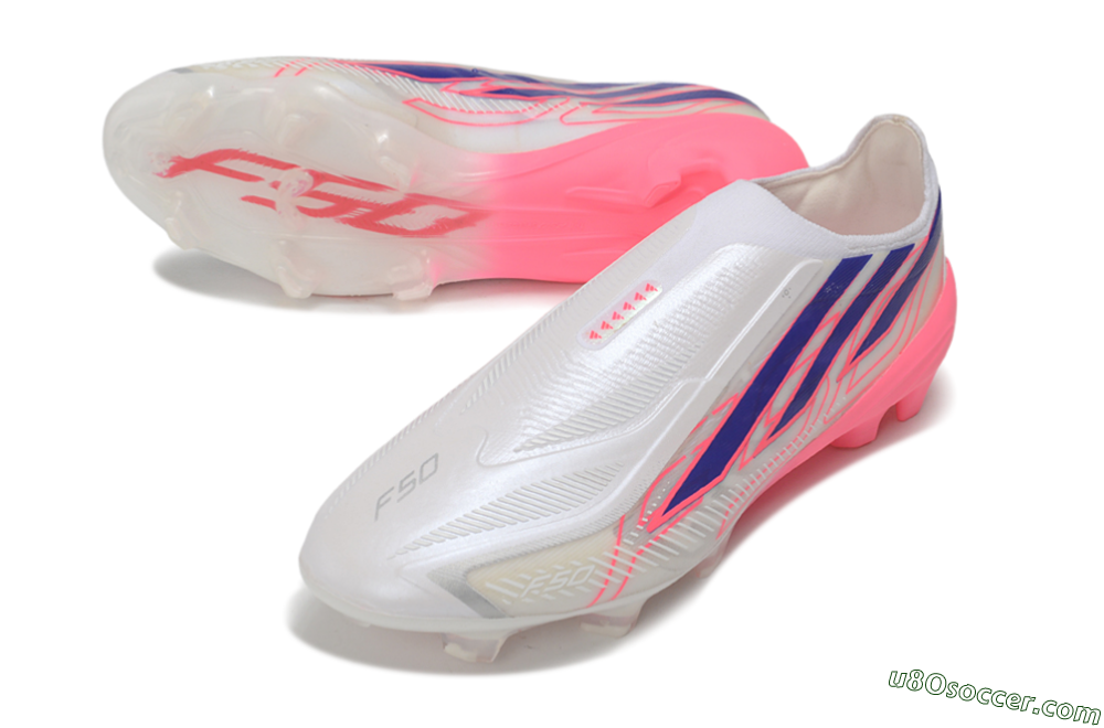 Adidas F50 Hyperfast Elite Laceless FG Firm Ground Soccer Cleats - White/Lucid Pink/Bright Royal 3