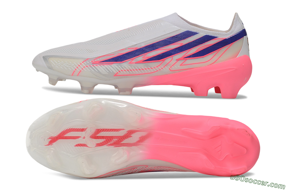 Adidas F50 Hyperfast Elite Laceless FG Firm Ground Soccer Cleats - White/Lucid Pink/Bright Royal 0