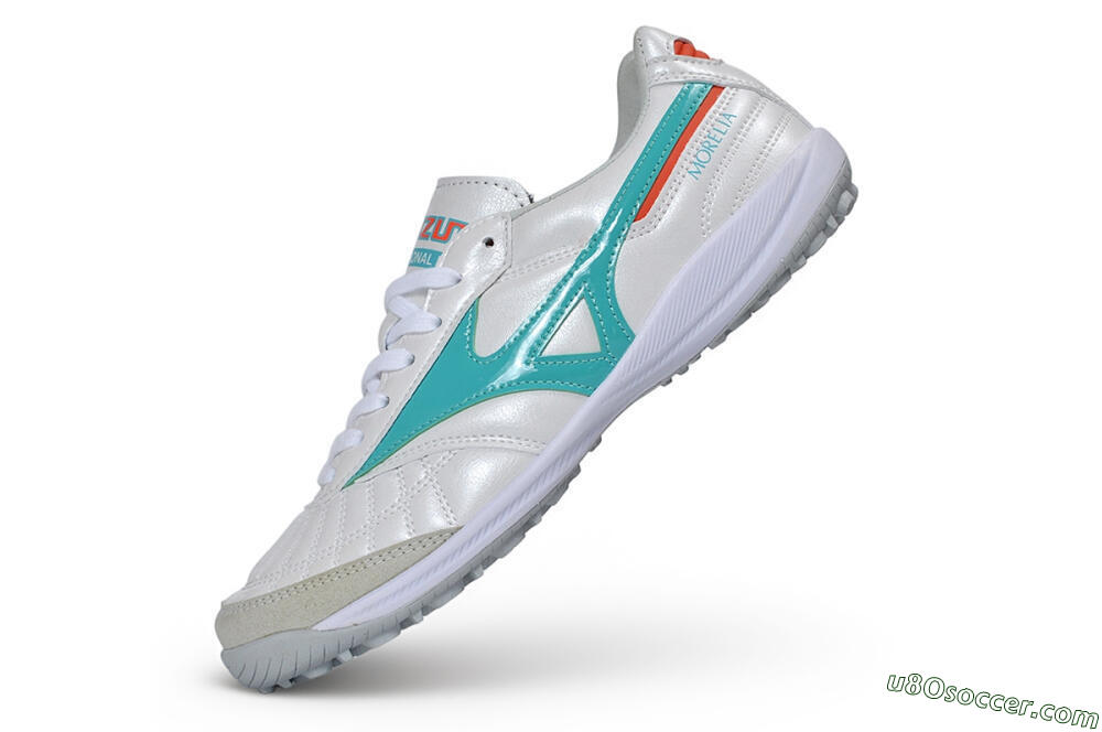 Mizuno Morelia Neo 4 TF Artificial Turf Soccer Shoes - White/Teal/Orange 5
