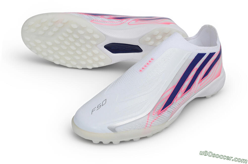 Adidas F50 Hyperfast Elite Laceless TF Artificial Turf Soccer Shoes - White/Lucid Blue/Lucid Pink 3