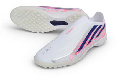 Adidas F50 Hyperfast Elite Laceless TF Artificial Turf Soccer Shoes - White/Lucid Blue/Lucid Pink