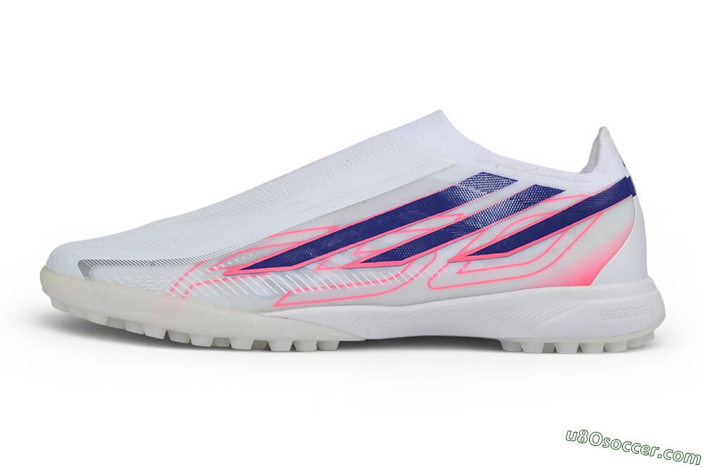 Adidas F50 Hyperfast Elite Laceless TF Artificial Turf Soccer Shoes - White/Lucid Blue/Lucid Pink 2