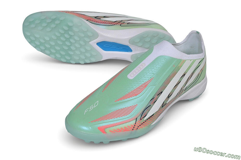Adidas F50 Hyperfast Elite Laceless TF Artificial Turf Soccer Shoes - Green/Mint/Coral 3