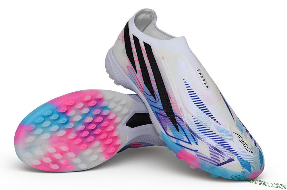 Adidas F50 Hyperfast Elite Laceless TF Artificial Turf Soccer Shoes - White/Lucid Pink/Lucid Blue 3