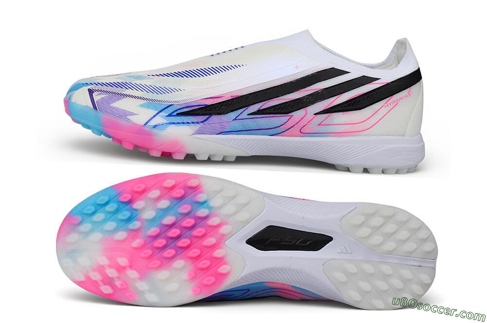 Adidas F50 Hyperfast Elite Laceless TF Artificial Turf Soccer Shoes - White/Lucid Pink/Lucid Blue 0