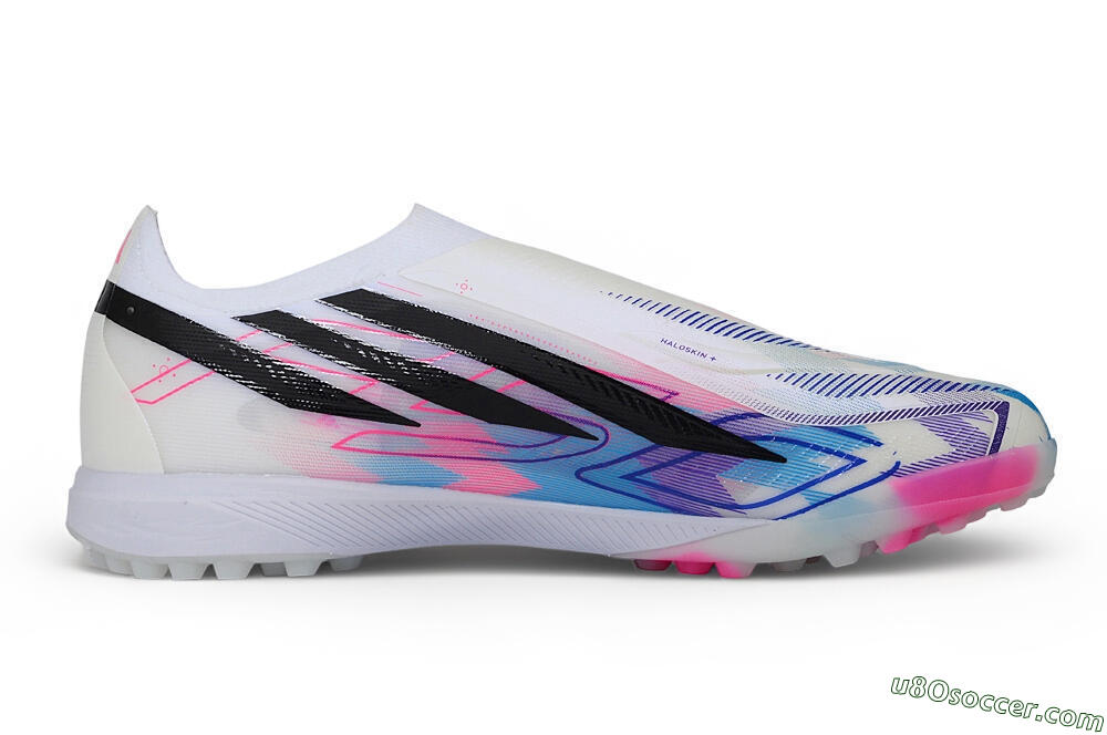 Adidas F50 Hyperfast Elite Laceless TF Artificial Turf Soccer Shoes - White/Lucid Pink/Lucid Blue 7