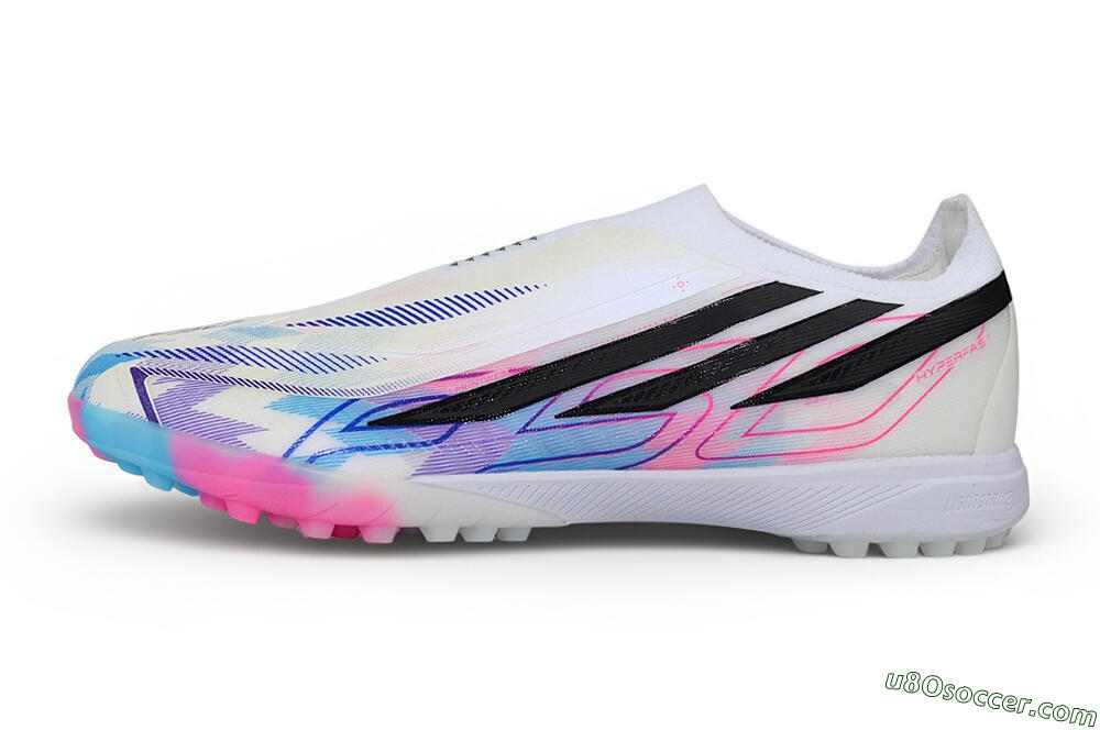 Adidas F50 Hyperfast Elite Laceless TF Artificial Turf Soccer Shoes - White/Lucid Pink/Lucid Blue 2