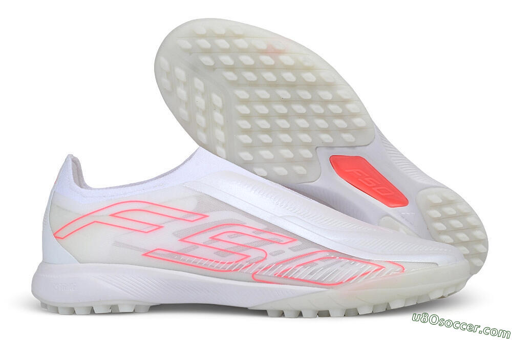 Adidas F50 Hyperfast Elite Laceless TF Artificial Turf Soccer Shoes - White/Cloud White/Solar Pink 1