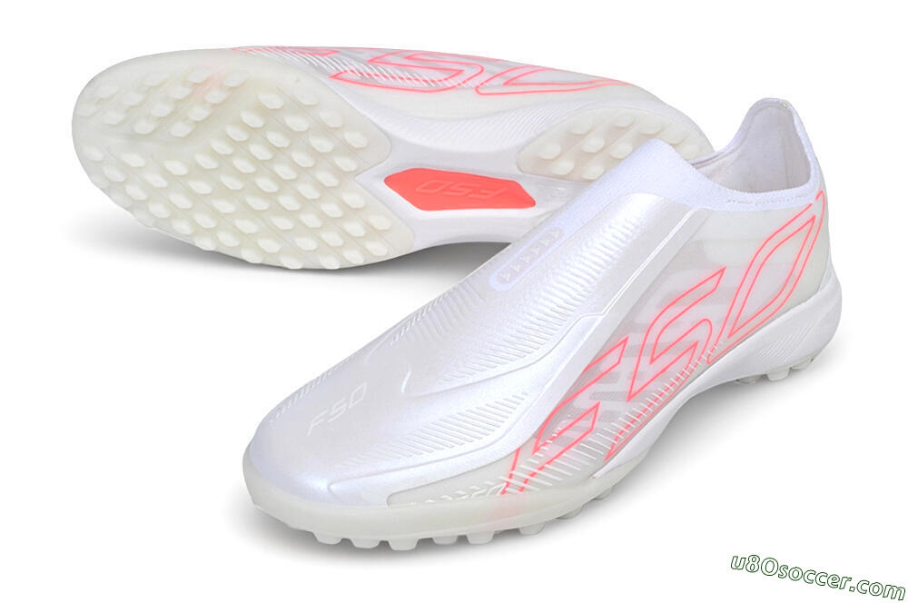 Adidas F50 Hyperfast Elite Laceless TF Artificial Turf Soccer Shoes - White/Cloud White/Solar Pink 3
