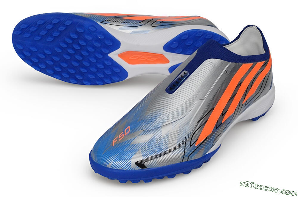 Adidas F50 Hyperfast Elite Laceless TF Artificial Turf Soccer Shoes - Silver/Metallic Silver/Bright Royal 3